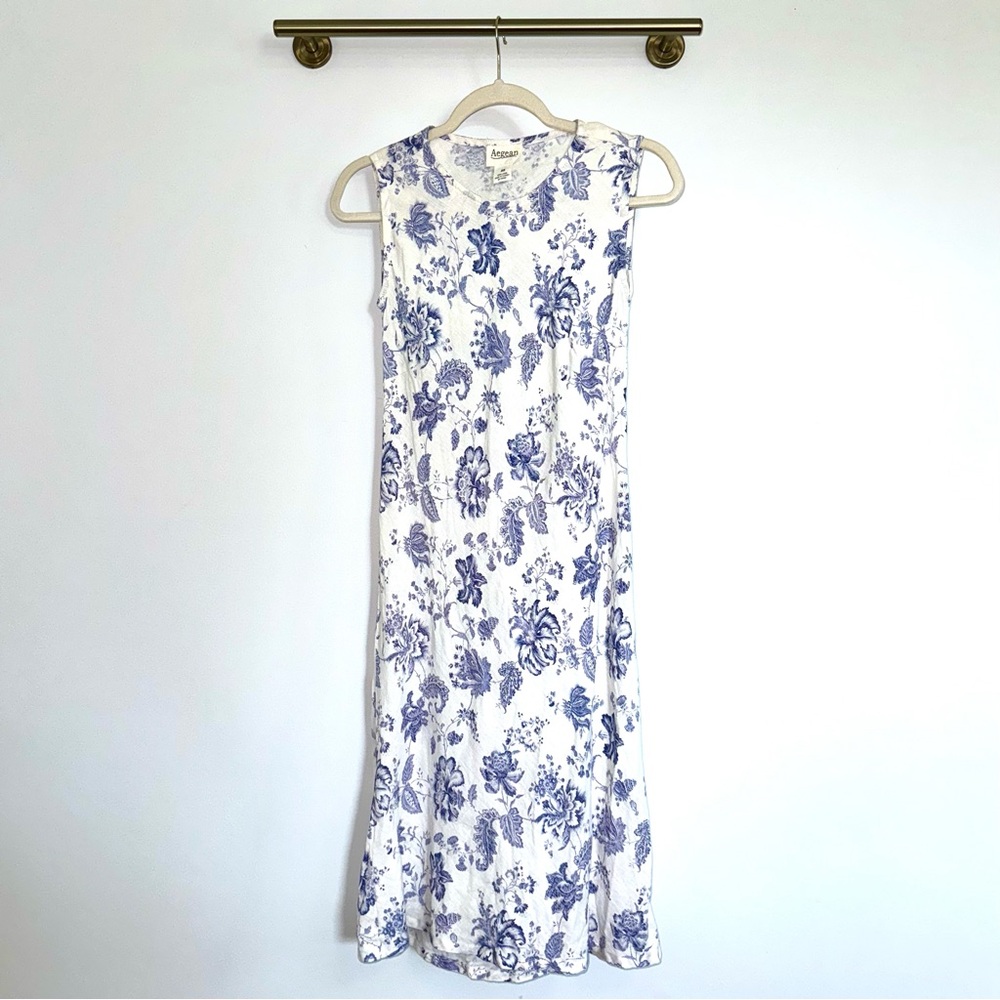 100% Linen Toile de Jouy Floral Sleeveless Dress - Blue and White Chinoiserie